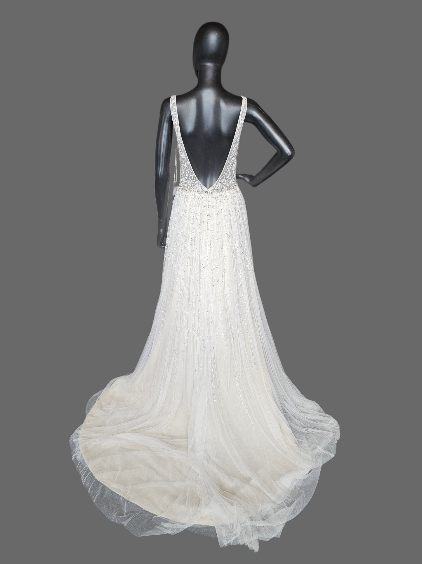 Ivory/Champagne Soft Netting Plunge V-Neck Open Back Wedding Gown - Martin Thornburg