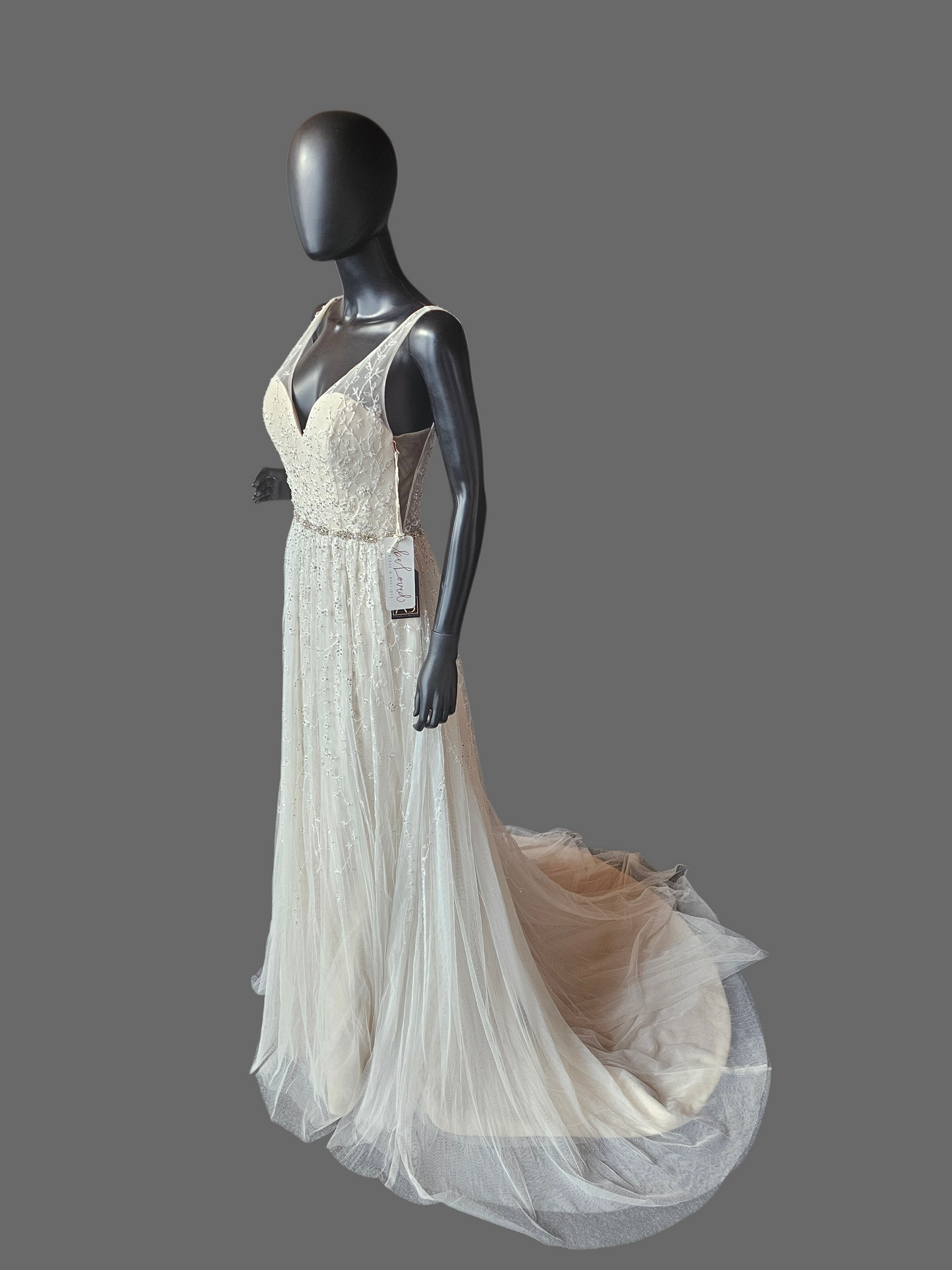 Ivory/Champagne Soft Netting Plunge V-Neck Open Back Wedding Gown - Martin Thornburg