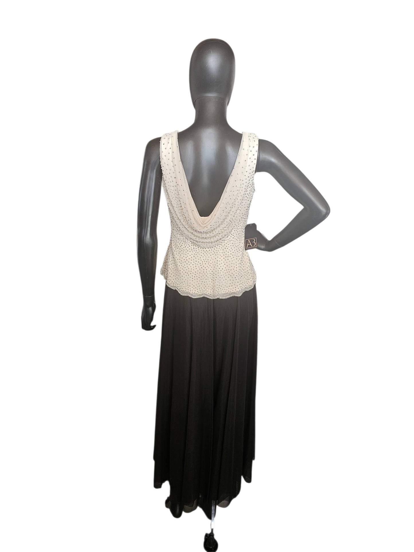 Ivory/Black Beaded Net Cowl Neck Formal Dress - Cache