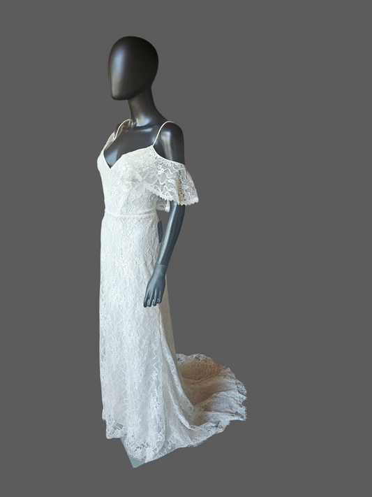 Fitted Soft Ivory Lace Flutter Sleeve Wedding Dress - Galina