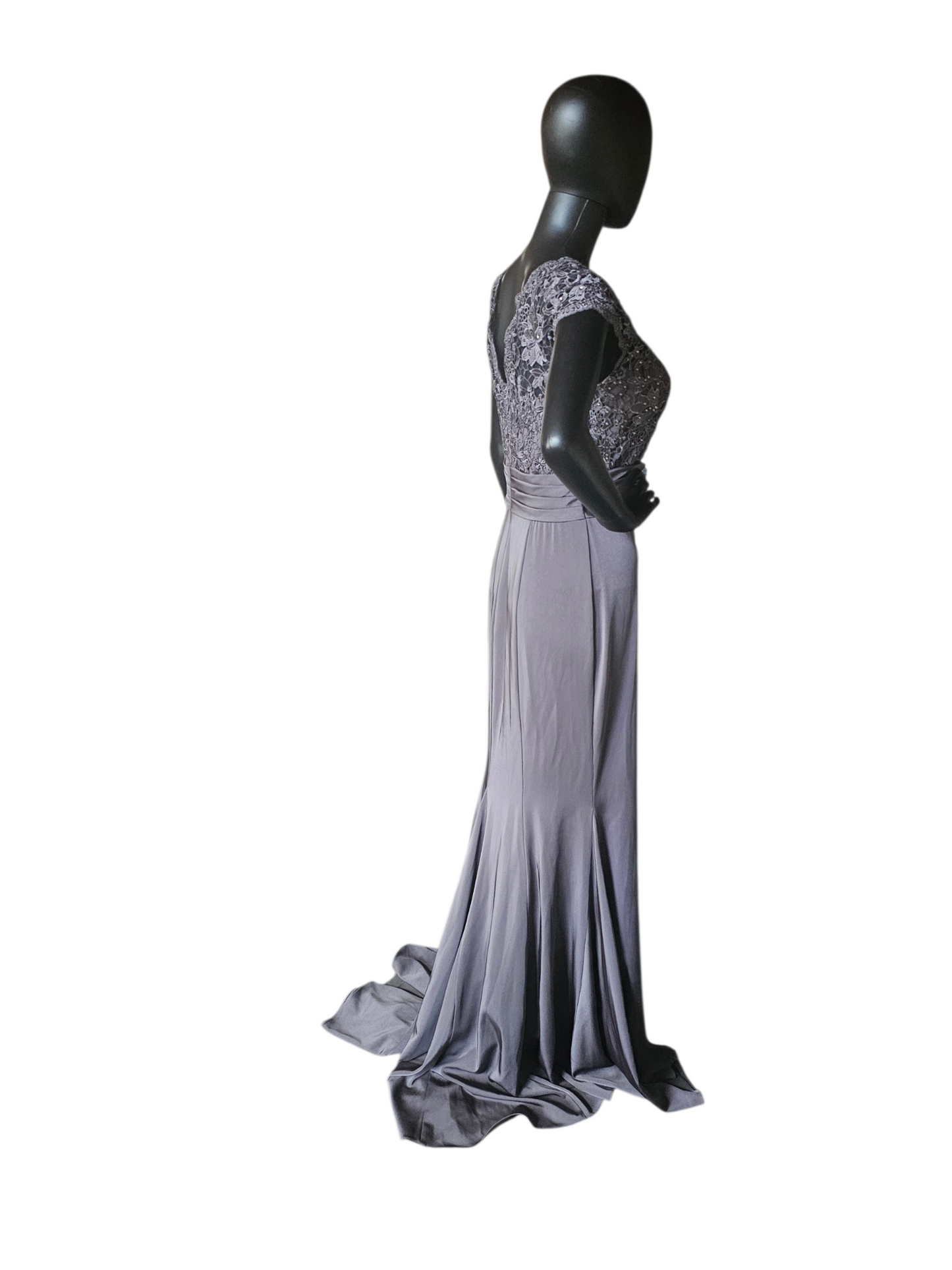 Slate Lace Cap Sleeve Fit/Flare  Rhinestone Detail Belt design Train Formal Dress - Alyce