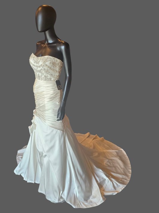 Ivory Silky Satin Side Sweep Fit/Flare Wedding Gown - Casablanca