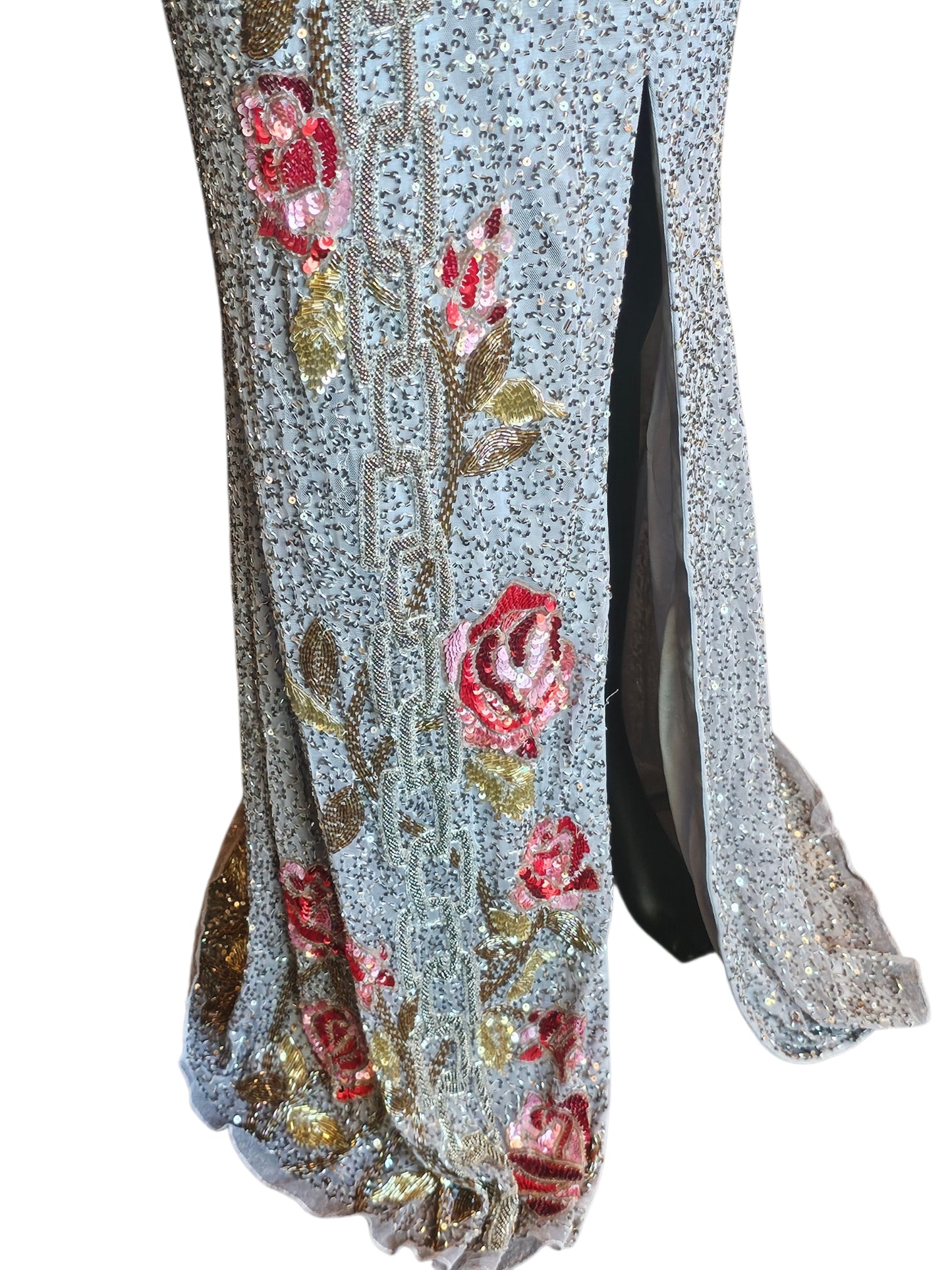Pewter/Gold/Rose Fully Beaded V-Neck Fitted Maxi Formal/Gala/Prom Dress - Primavera