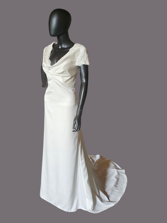 Ivory Silky Satin Cowl Neck Wedding Gown Sheath  - Casablanca