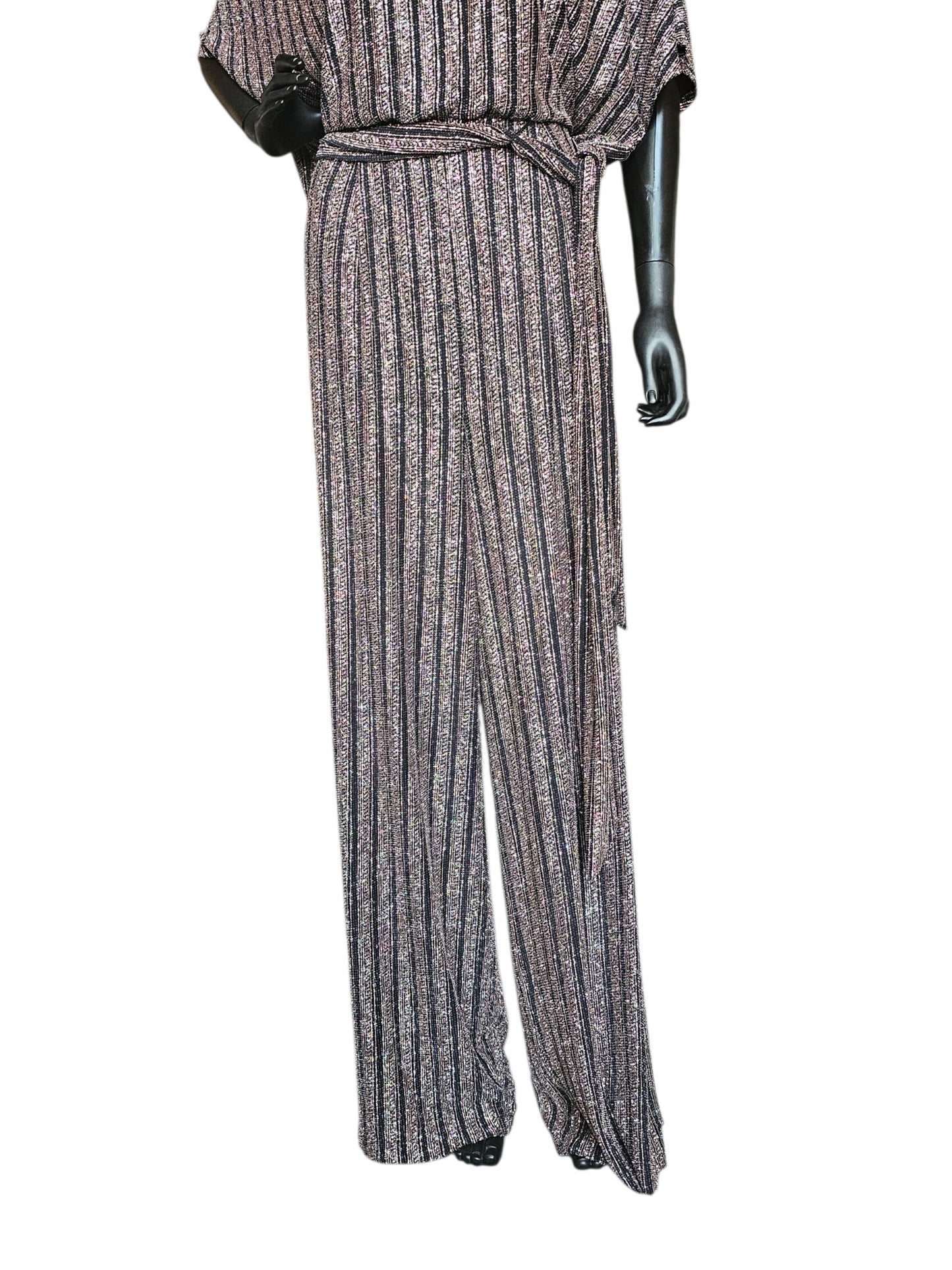 Black/Rose Gold Striped Belted Wide Leg Romper Jumpsuit - Jessica Howard