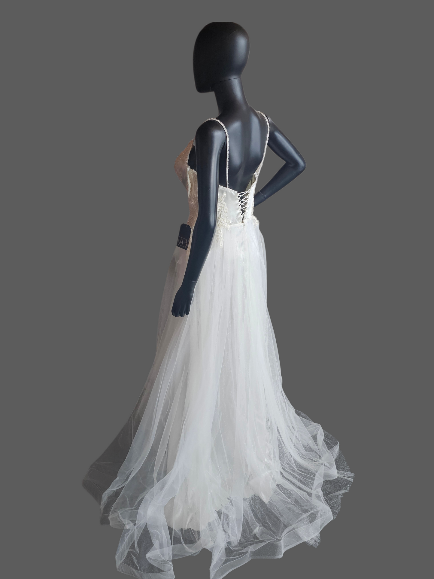 Spaghetti Strap Ivory Floral Embroidered Side Slit Wedd8ng Gown - Di La Sena