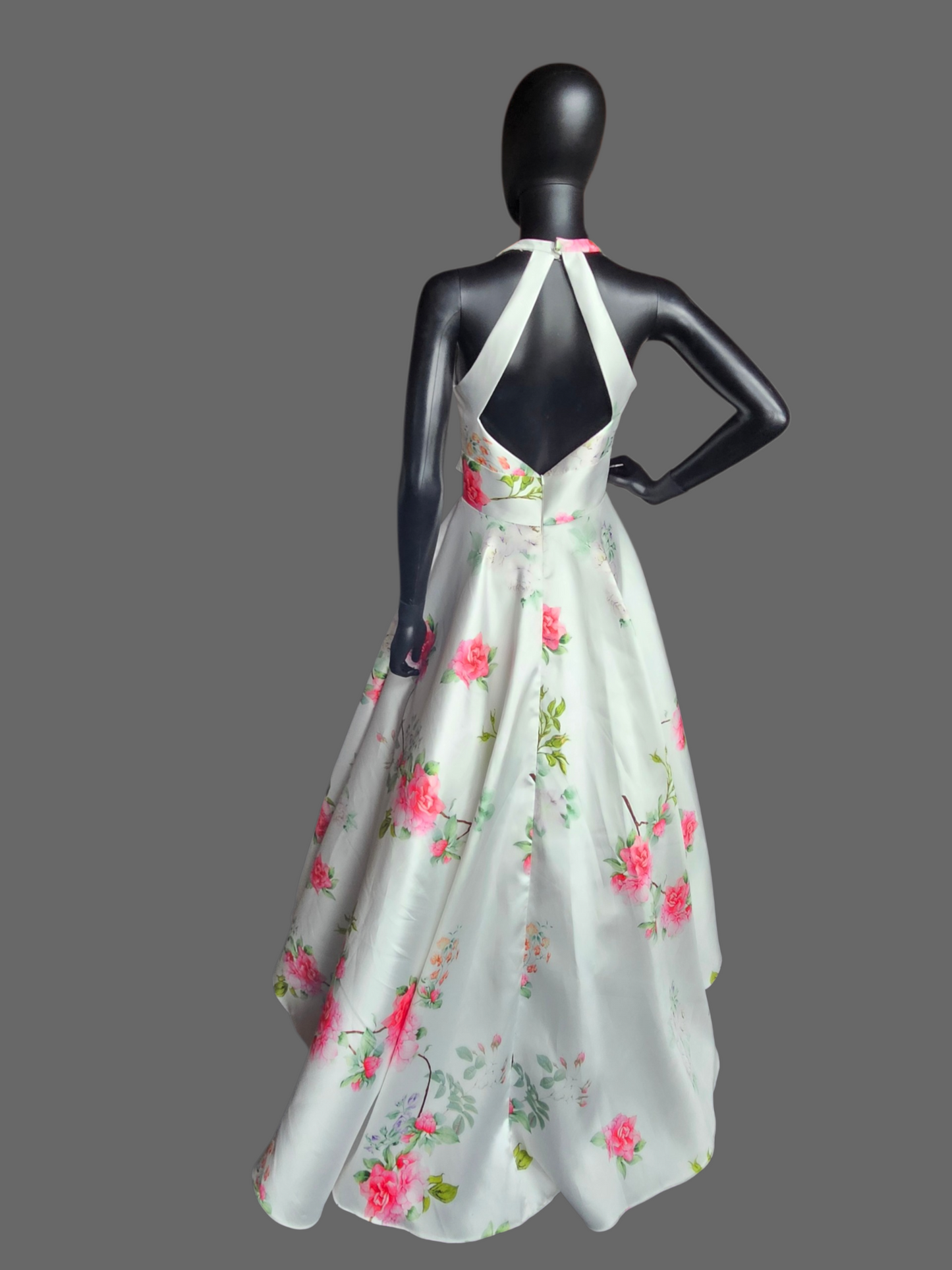 Ivory/Multi Floral Halter A-Line Formal Dress - The Secret Dress