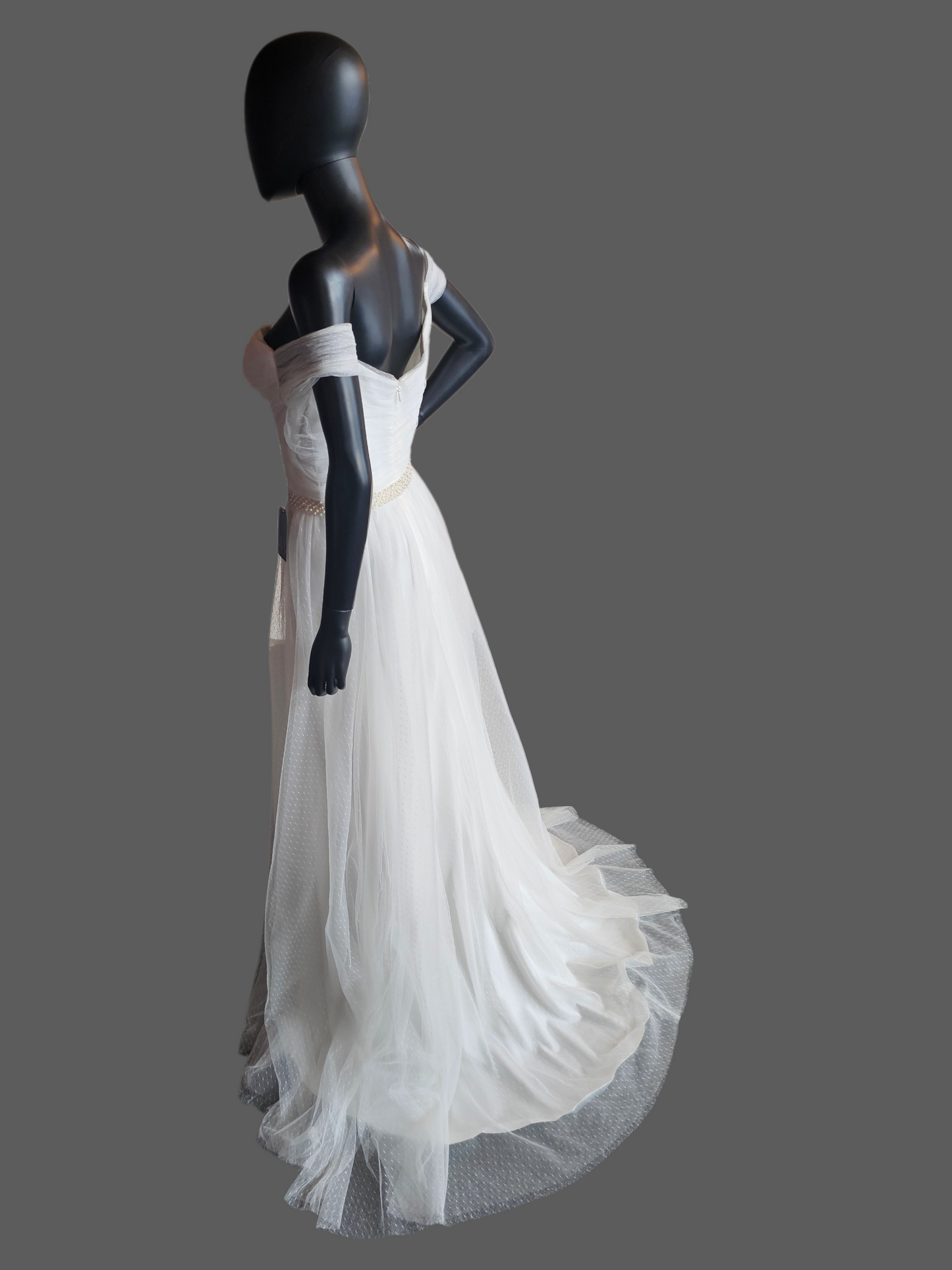 Ivory Swiss Dot Off Shoulder Cap Sleeve Pearl Belt Wedding Dress - Da Vinci