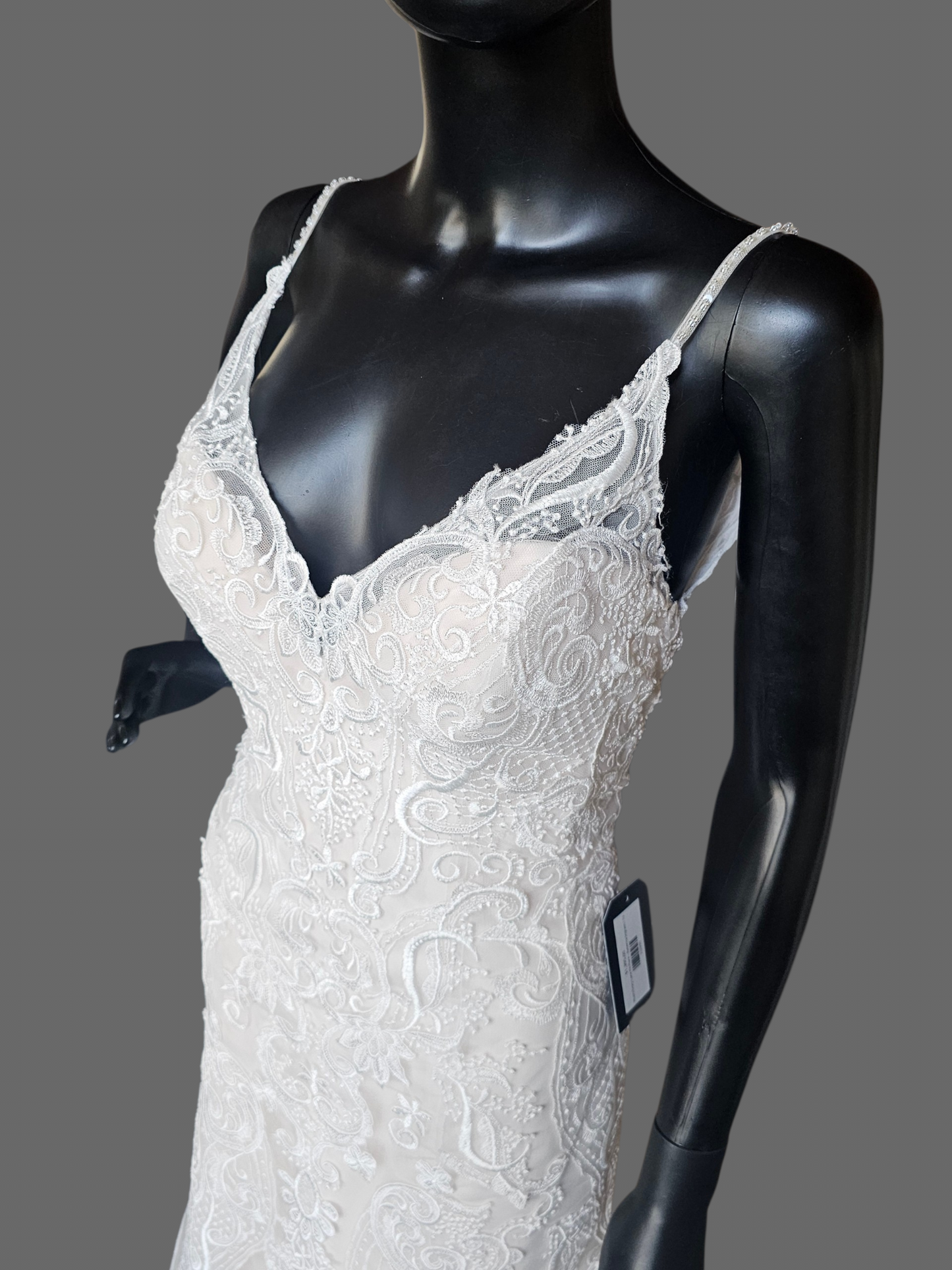 Blush/Ivory Beaded Strap Lace Open Back Fit-Flare Wedding Gown - Rebecca Ingram