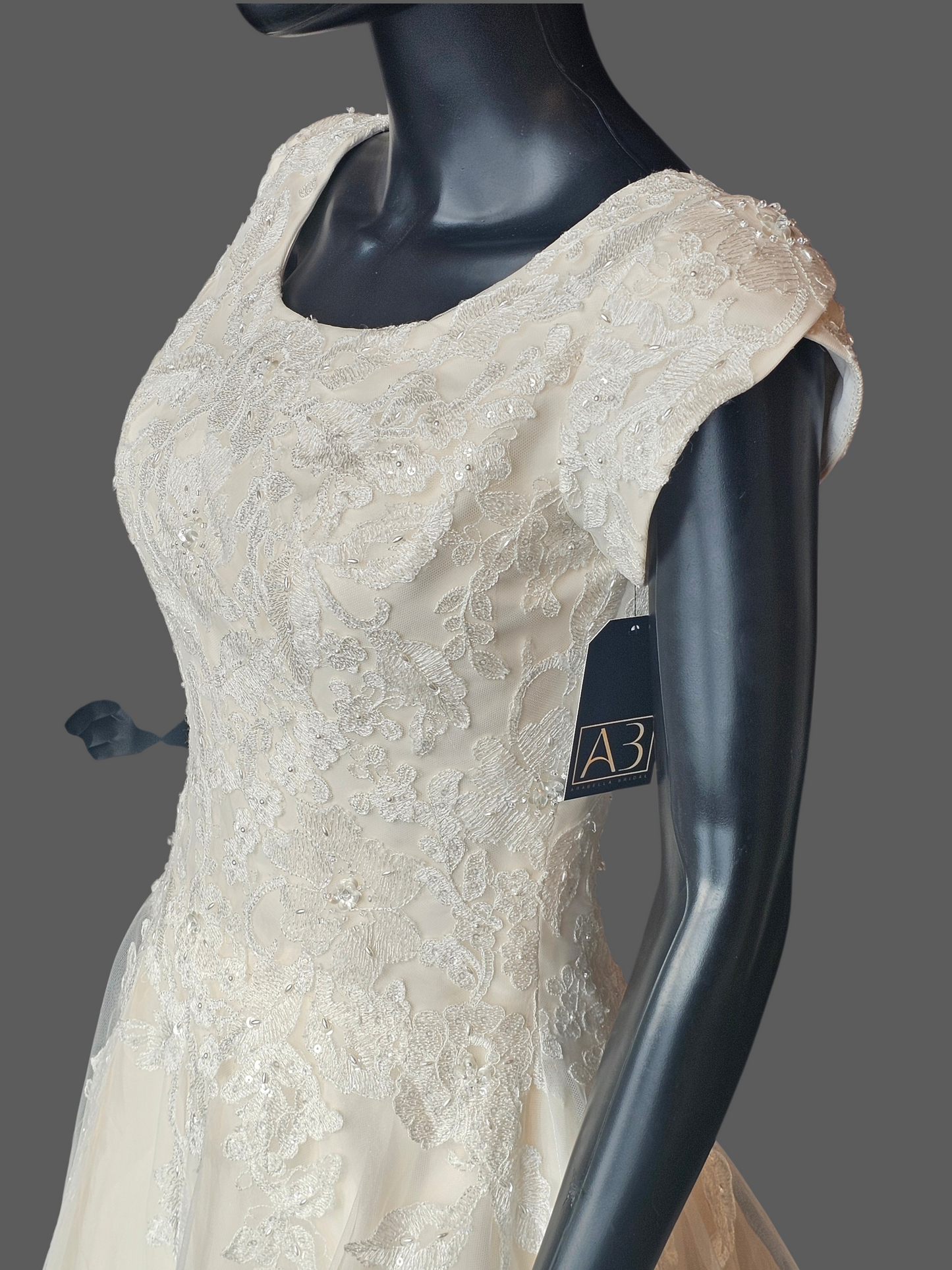 Champagne A-Line Cap Sleeve Floral Embroidered Wedding Gown - Bliss
