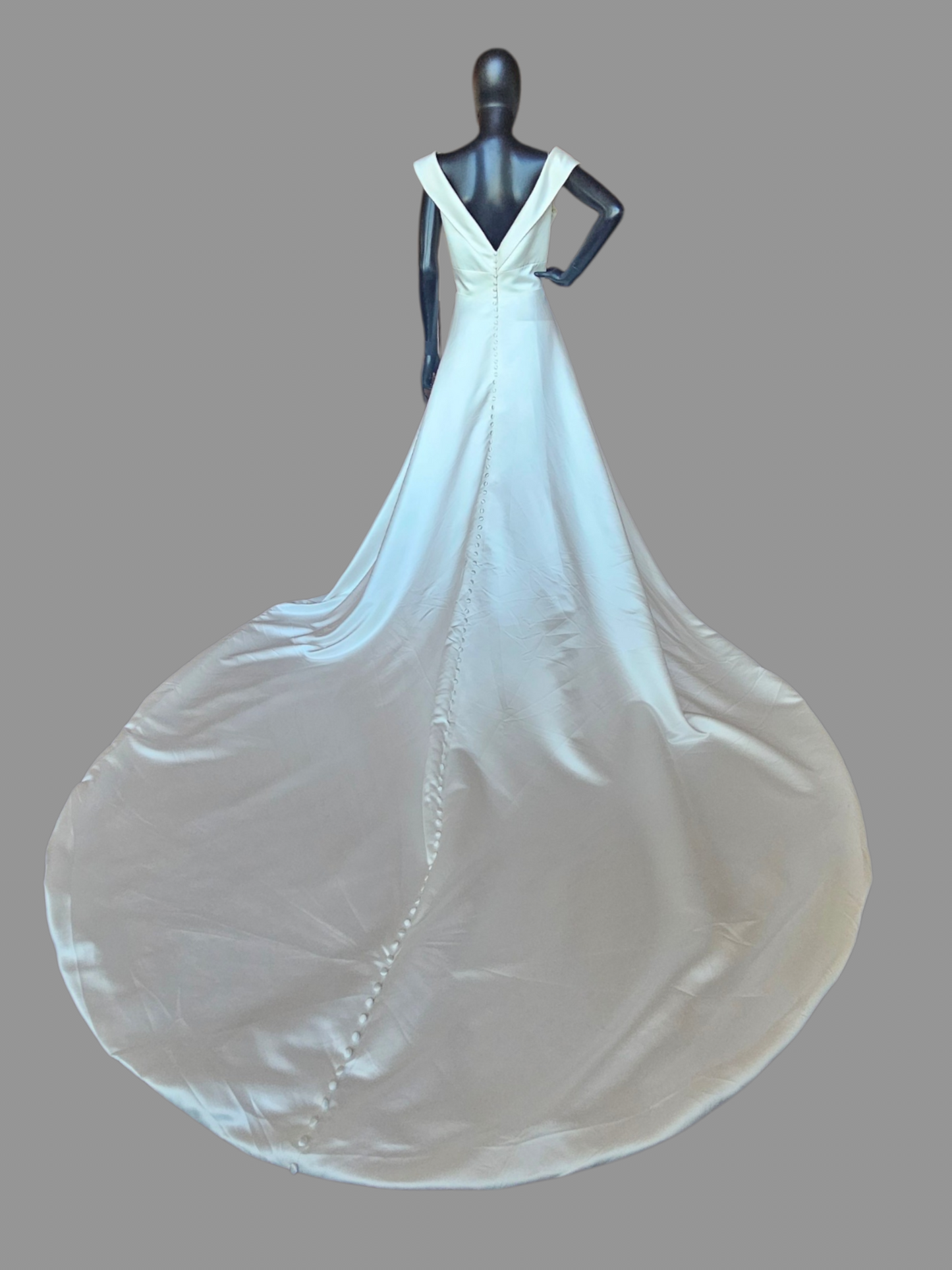 Ivory Silky Satin Simple Off Shoulder Cross V-Neck Open Back Wedding Gown - Mori Lee
