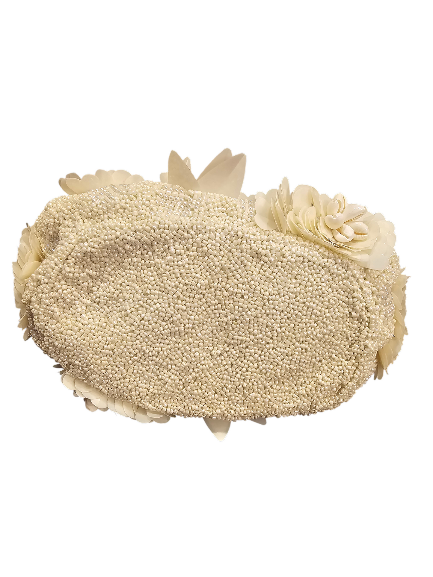 Ivory Seed-Beaded/Floral/Shell Basket Handbag