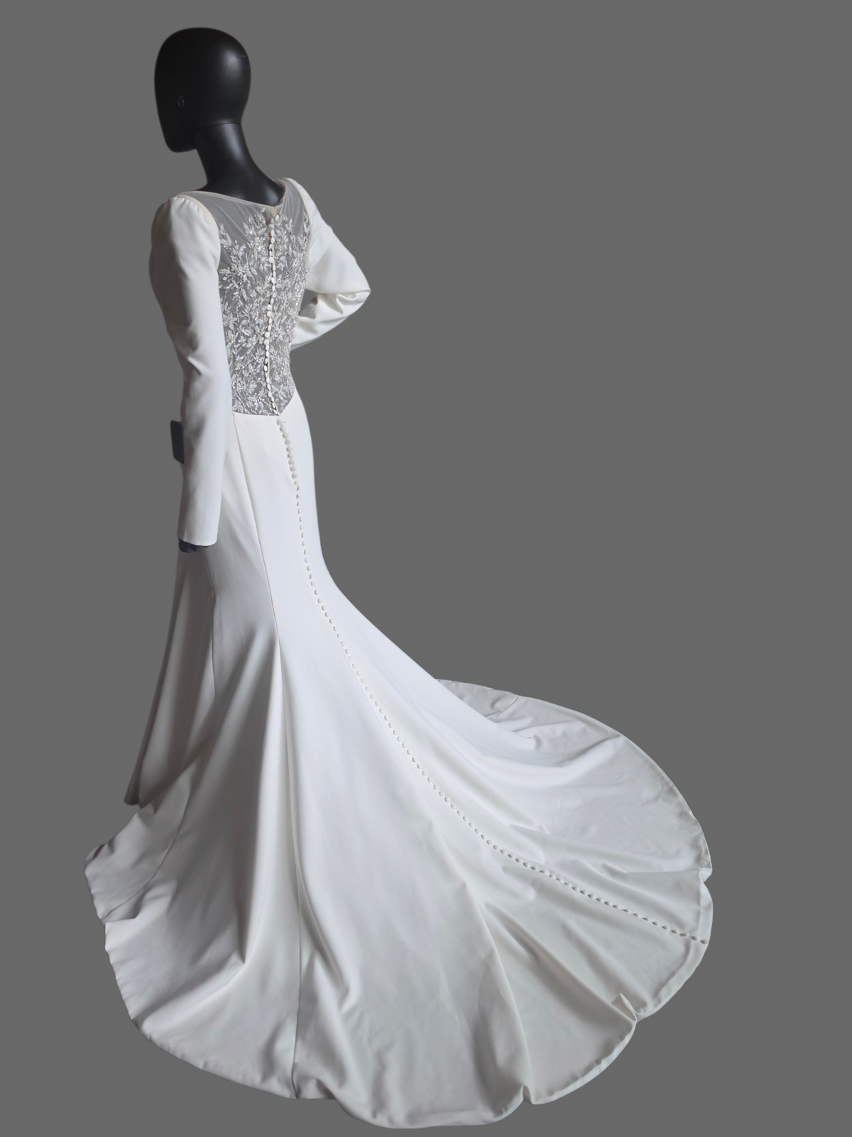 Long Sleeve Scoop Neckline Fitted Crepe Illusion Back Wedding Gown - Justin Alexander