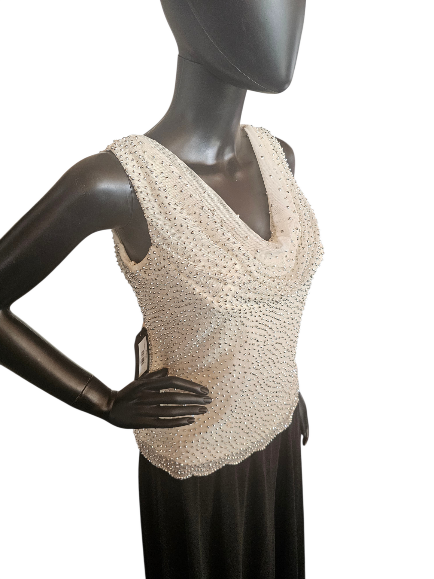 Ivory/Black Beaded Net Cowl Neck Formal Dress - Cache