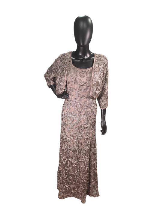 Bronze Large Scale 3D Floral Design Scoop Neck Lace W/Jacket Formal/Mom's Dress - R & M Richards
