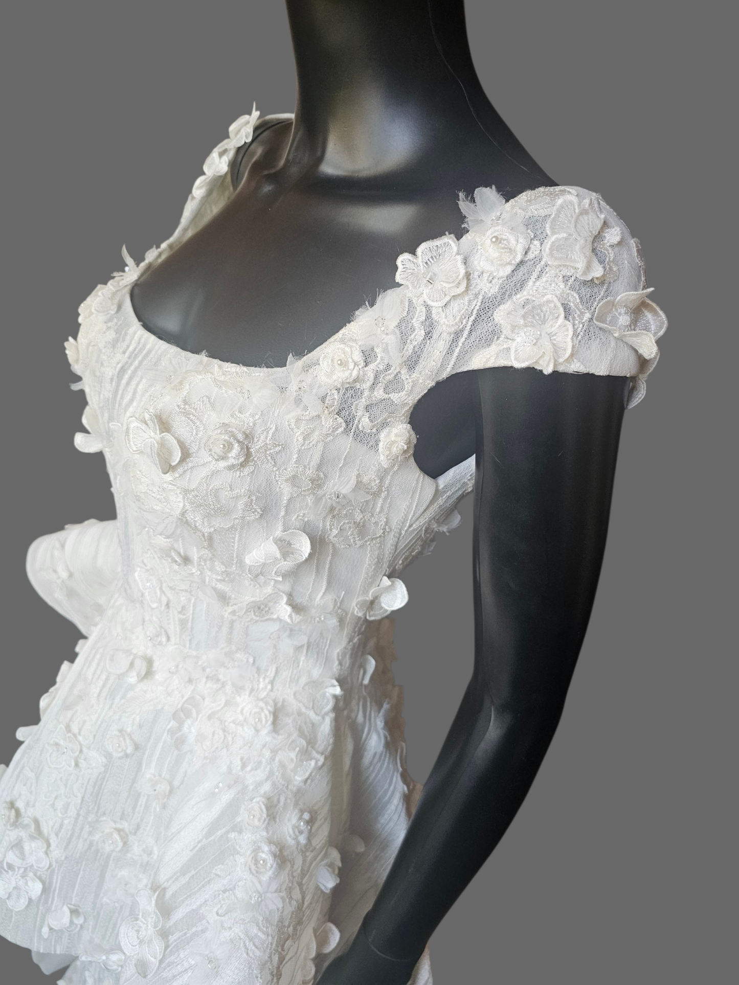 Ivory Structured Wedding Gown 3D Floral Peplum With A Square Neckline And Cap Sleeves - Madison James