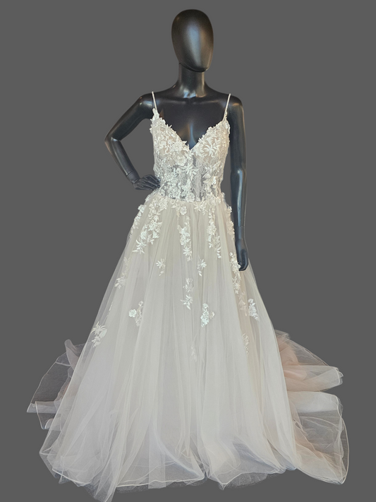 Ivory/Champagne 3D Floral Full Skirt Boho Lace Illusion Bodice Wedding Gown - Beloved