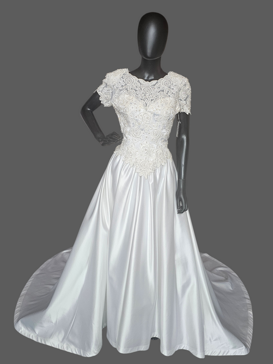 Vintage White Satin Embroidered Cap Sleeve Wedding Gown - Modest