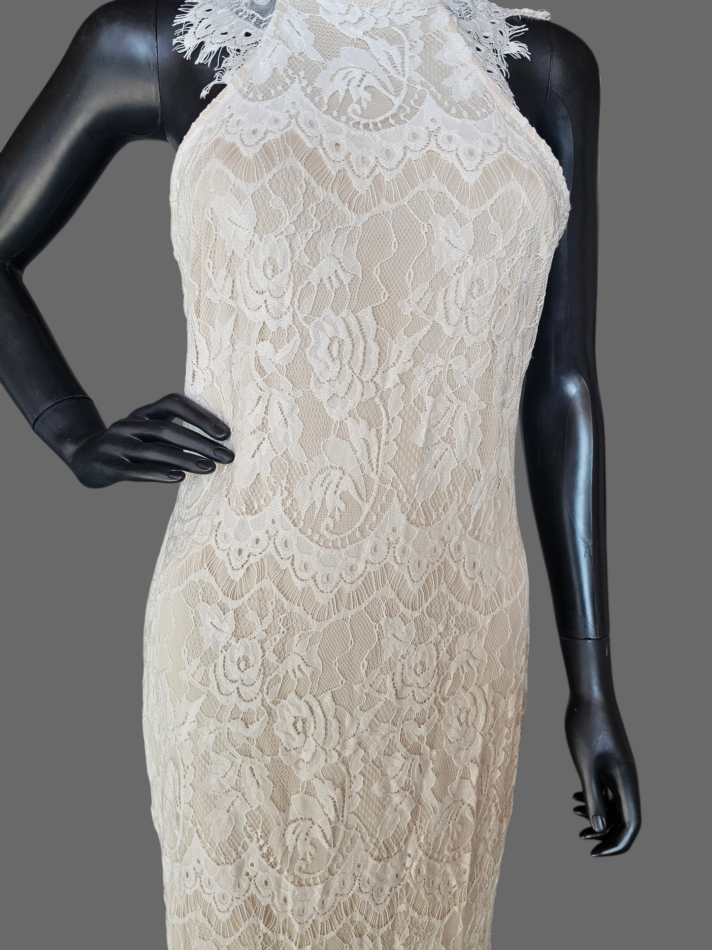 Ivory/Nude Fitted Lace Halter Maxi Dress - Southern Fried Chic NWT