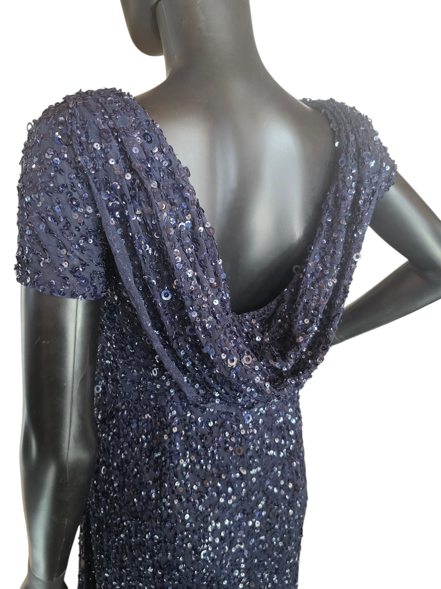 Navy Full Sequin Cap Sleeve Cowl Back Formal Dress - Adrianna Papell - NWT