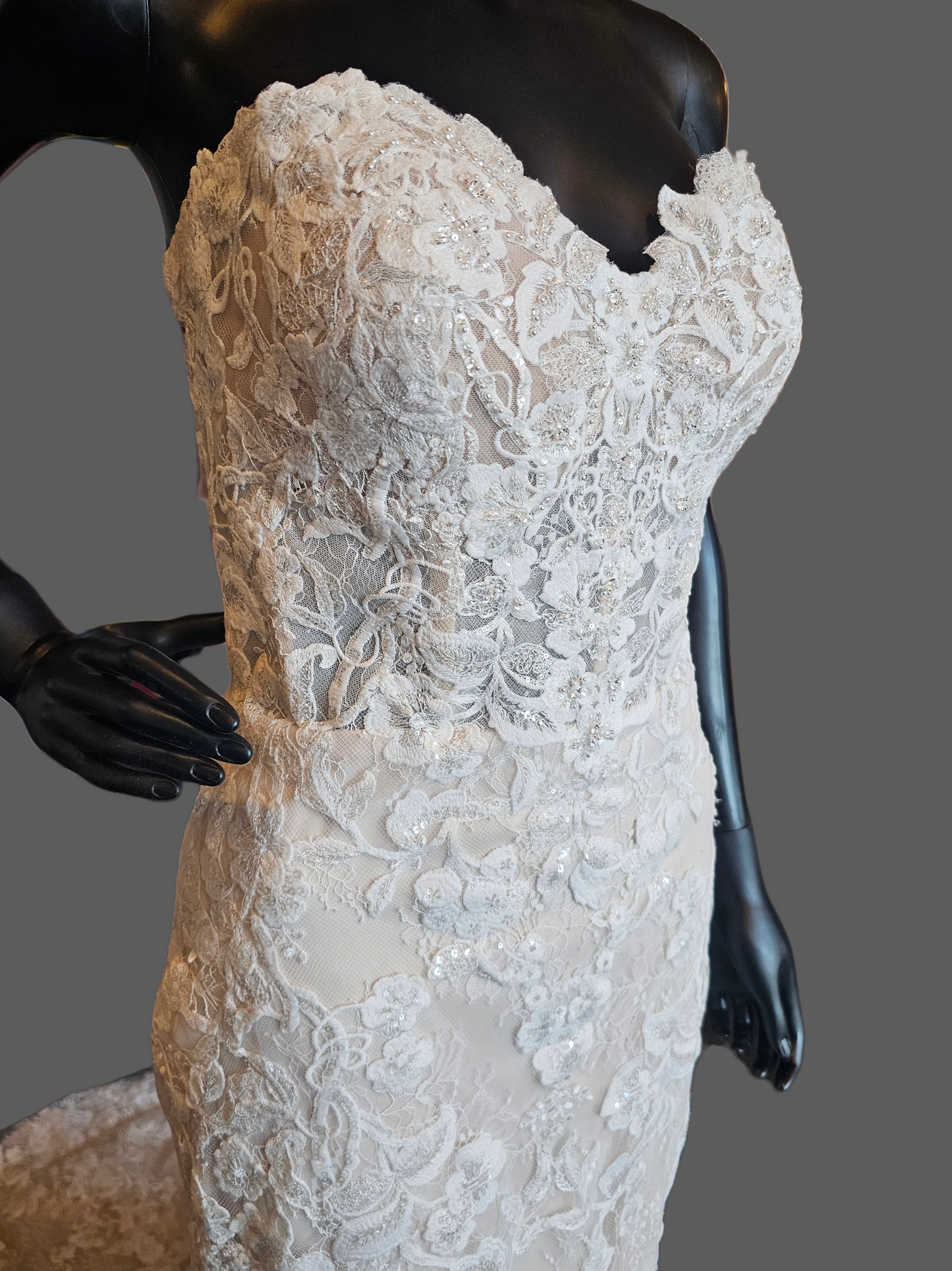 Ivory/Honey Beaded Fitted Lace Sweetheart Strapless Wedding Dress - Mori Lee