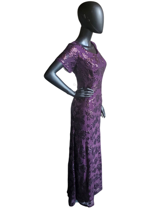 Plum Purple Floral Sequin Scoop Neck Cap Sleeve Full Length Formal Dress - Eva USA