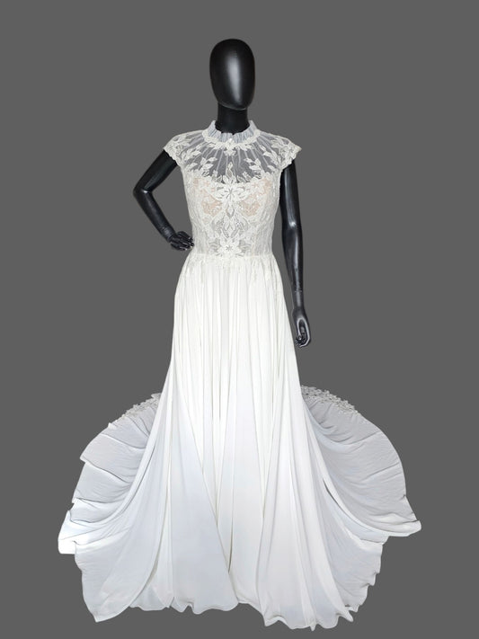 White High Neck Lace Bodice Chiffon Wedding Gown - Eddy K