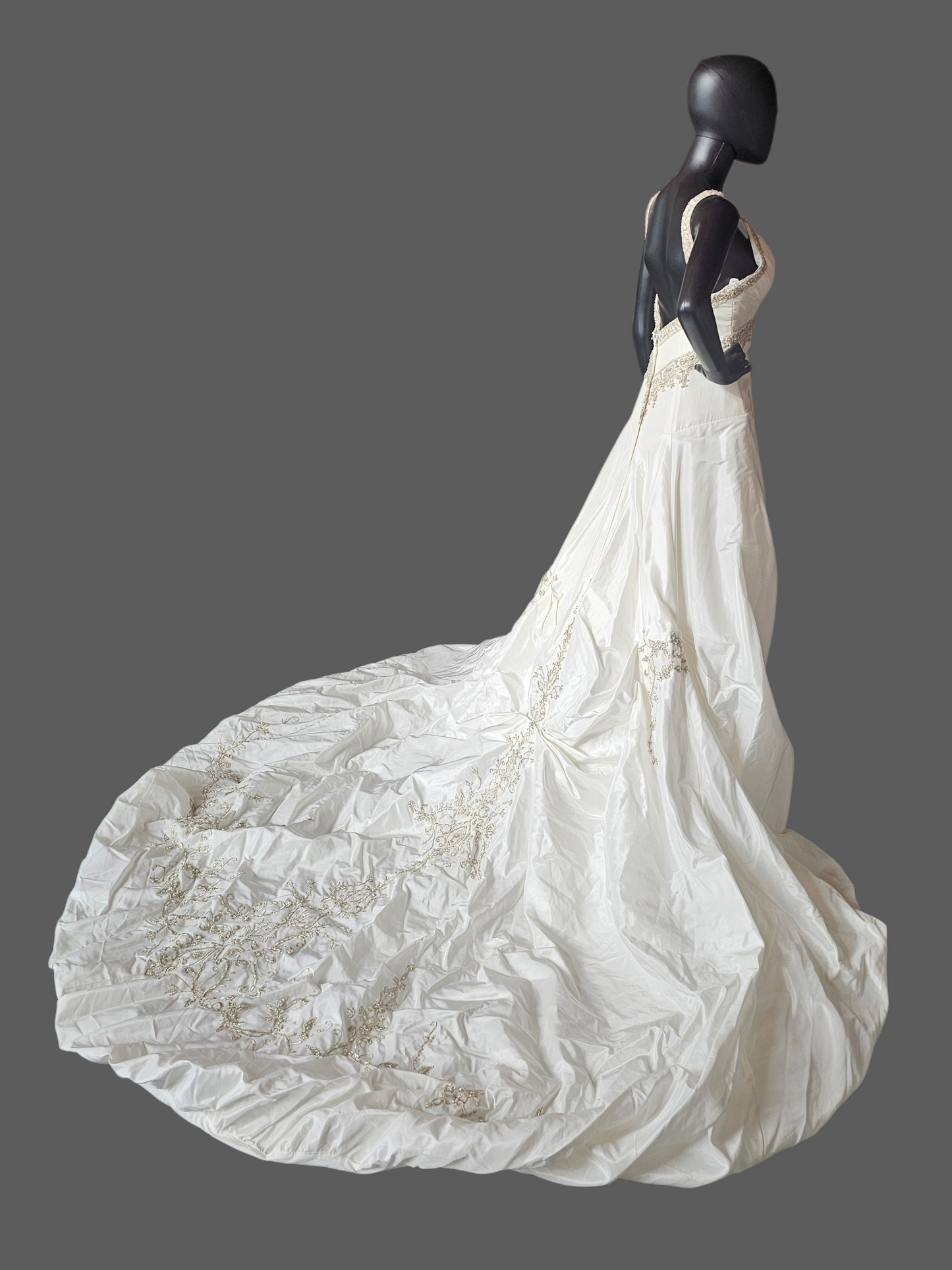Ivory Taffeta Drop Waist V-Neck Wedding Gown - Petite