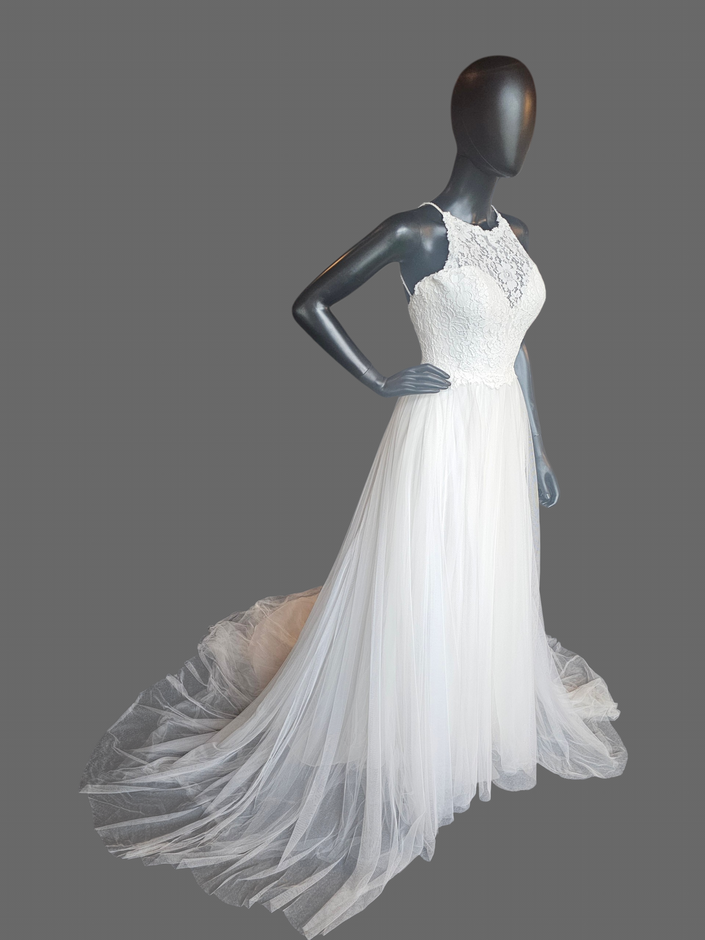 Ivory Illusion Lace Halter Gathered Net (Petite) Wedding Gown- Jasmine