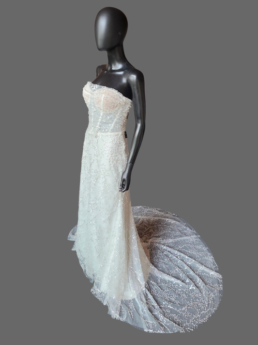 Ivory Straight Strapless Fitted Pearl/Silver Vine Wedding Gown - Willow