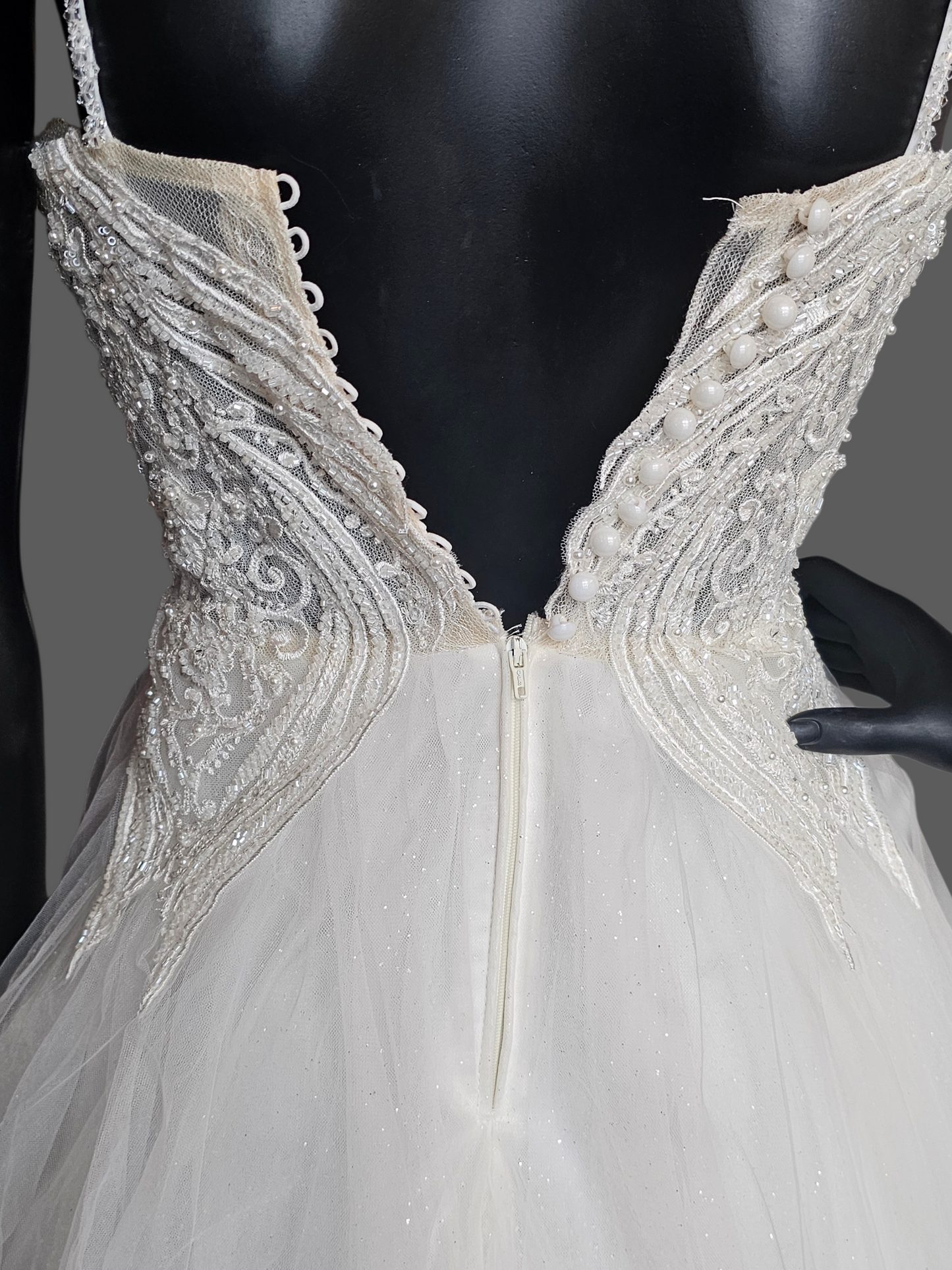 Ivory Spaghetti Strap Illusion Bodice Tulle A-Line Wedding Gown - Di La Sena - NWT