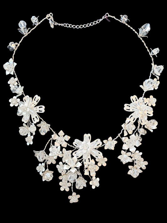 Silver/Swarovski Bead Woven Floral Necklace/Earring Set