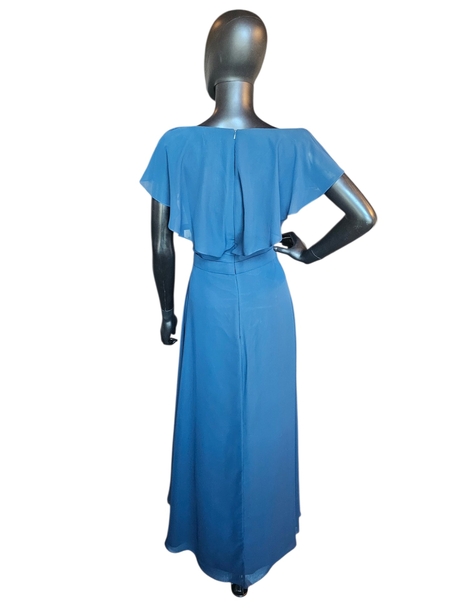 Navy Chiffon Flutter Sleeve Added Belt Side Ruched Maxi Formal/Moms Dress - DaVinci
