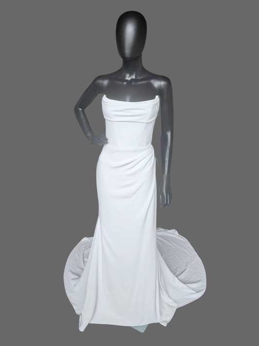 Minimalist Crepe Fit/Flare Cat Eye Side Ruched Wedding Gown - Alyssa Kristen