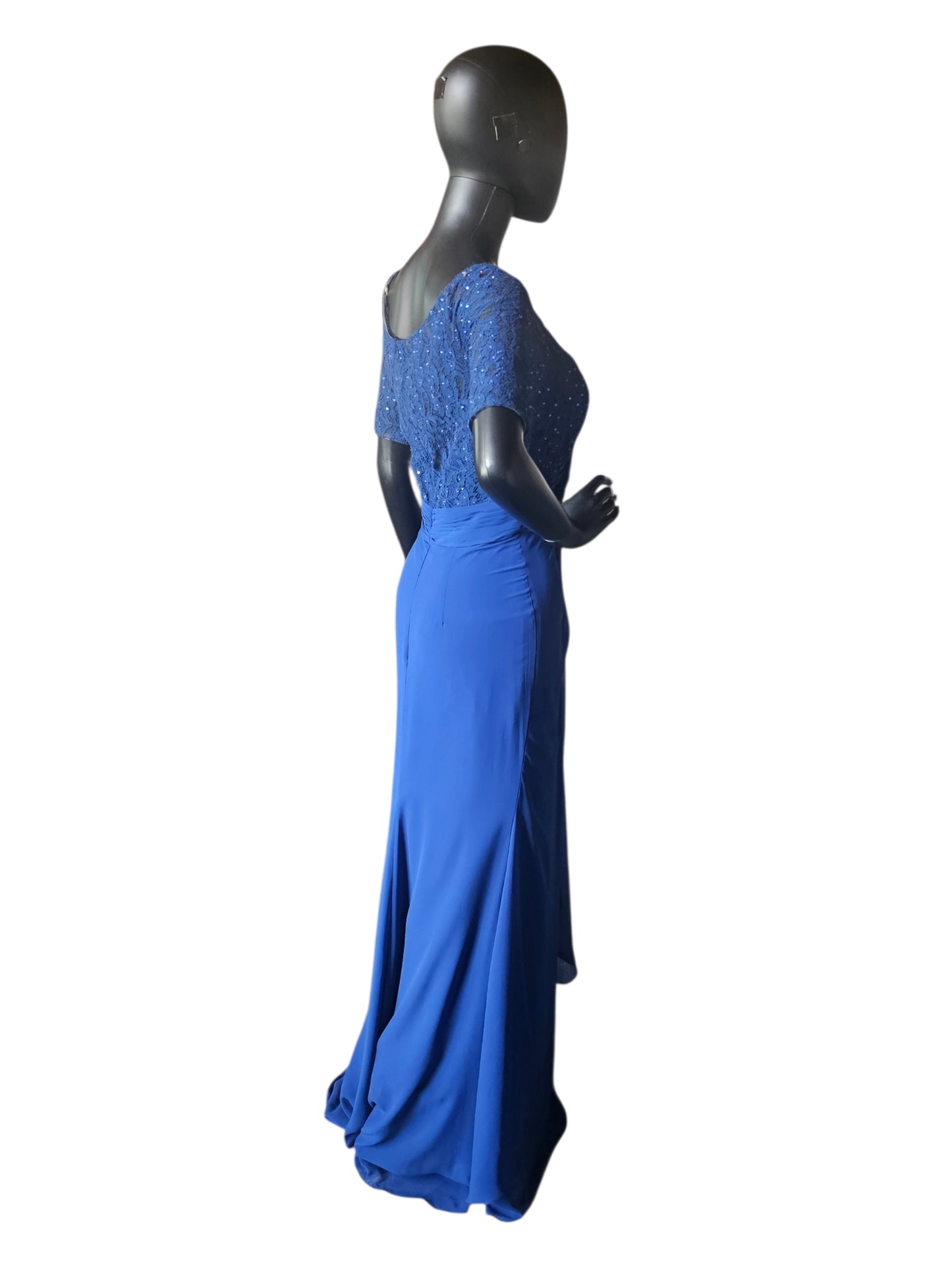 Royal Blue Scoop Neck Lace Gathered Waist - Alyce Paris