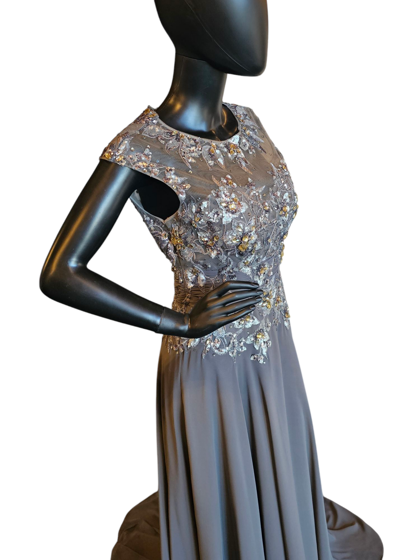 Grey Chiffon Gold Jewel Formal Dress - Vienna