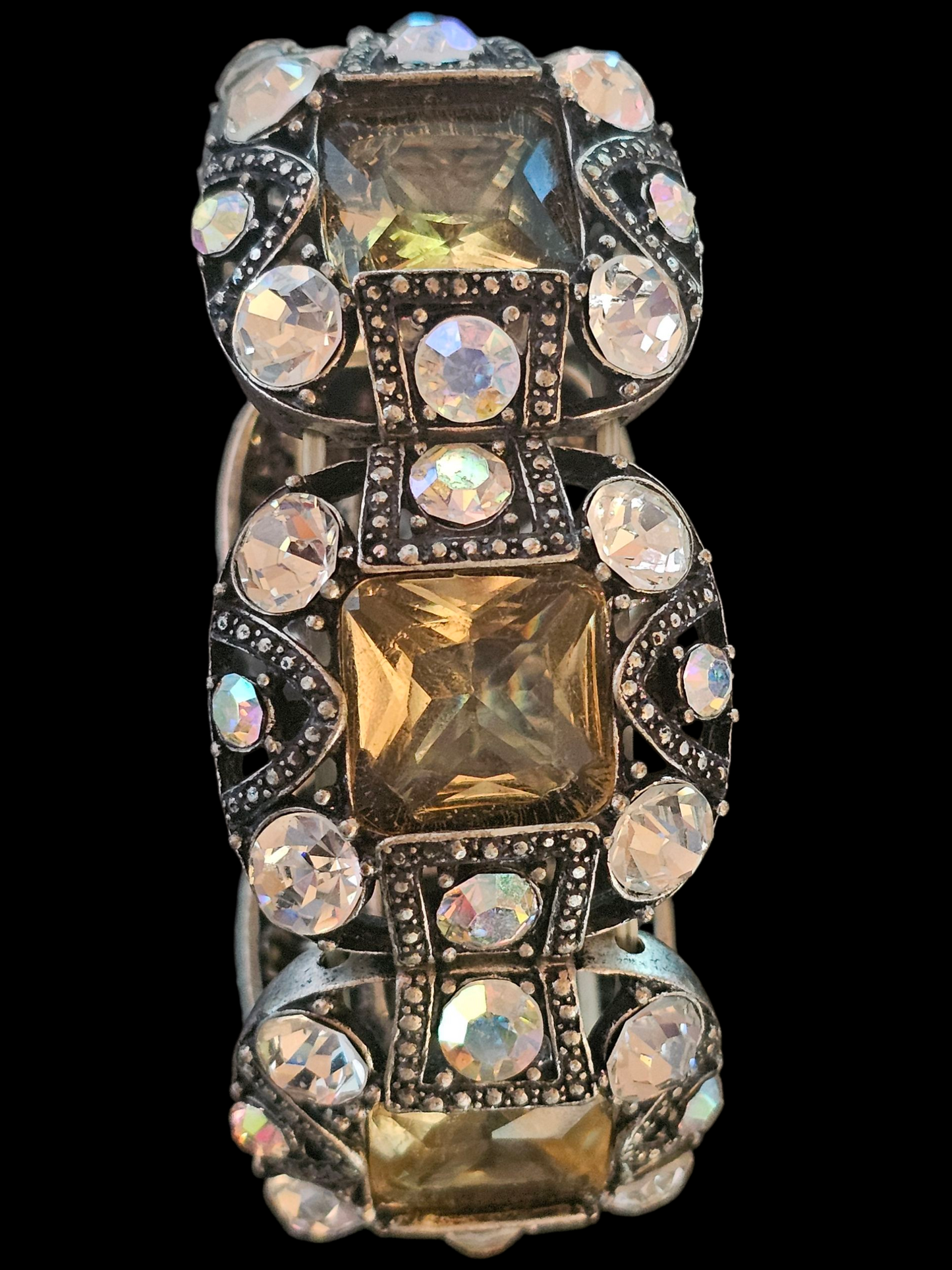 Large Antique Silver Crystal Stretch Bracelet