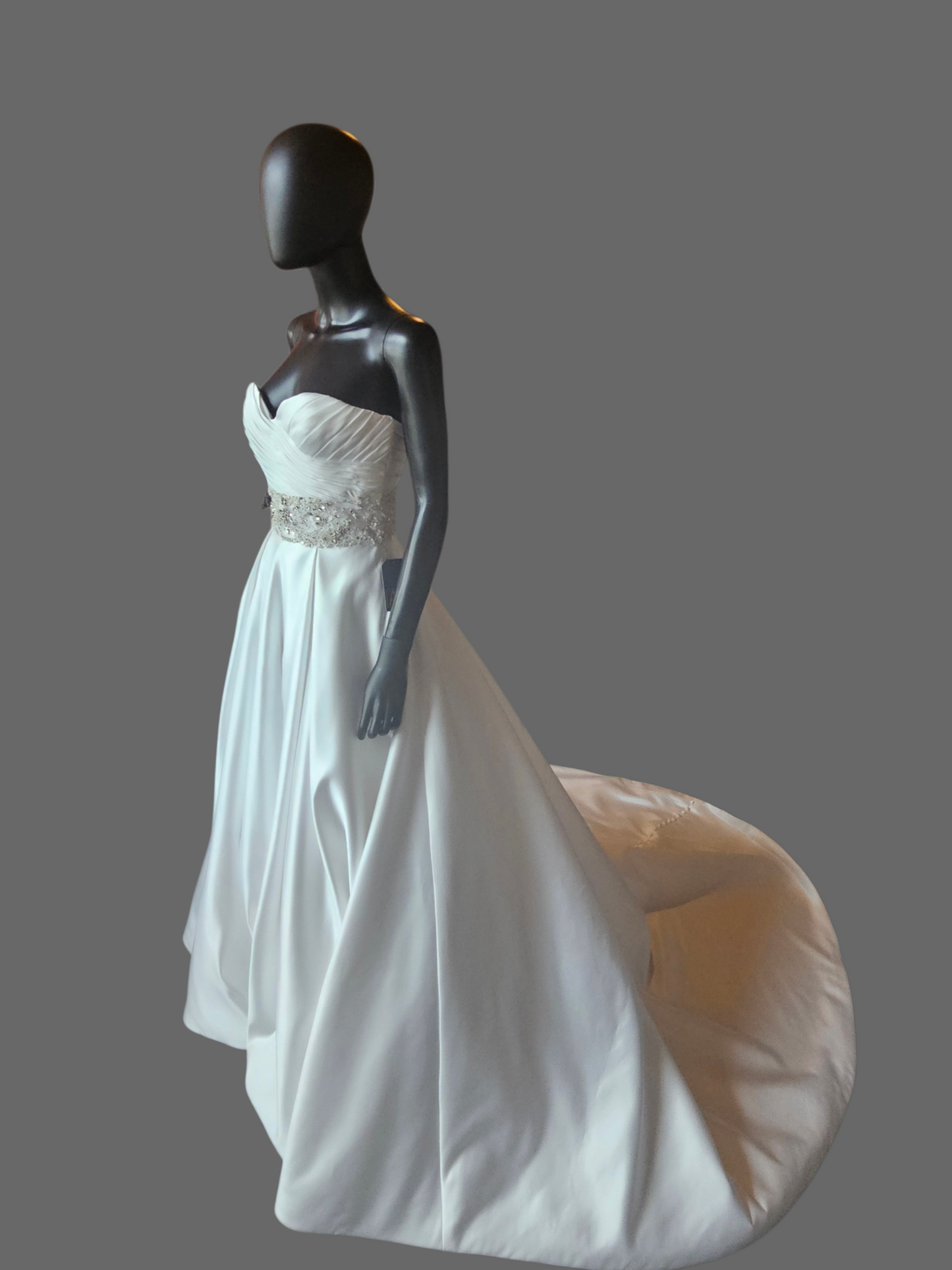 White Satin Box Pleat Crystal Waist Wedding Gown - Mori Lee