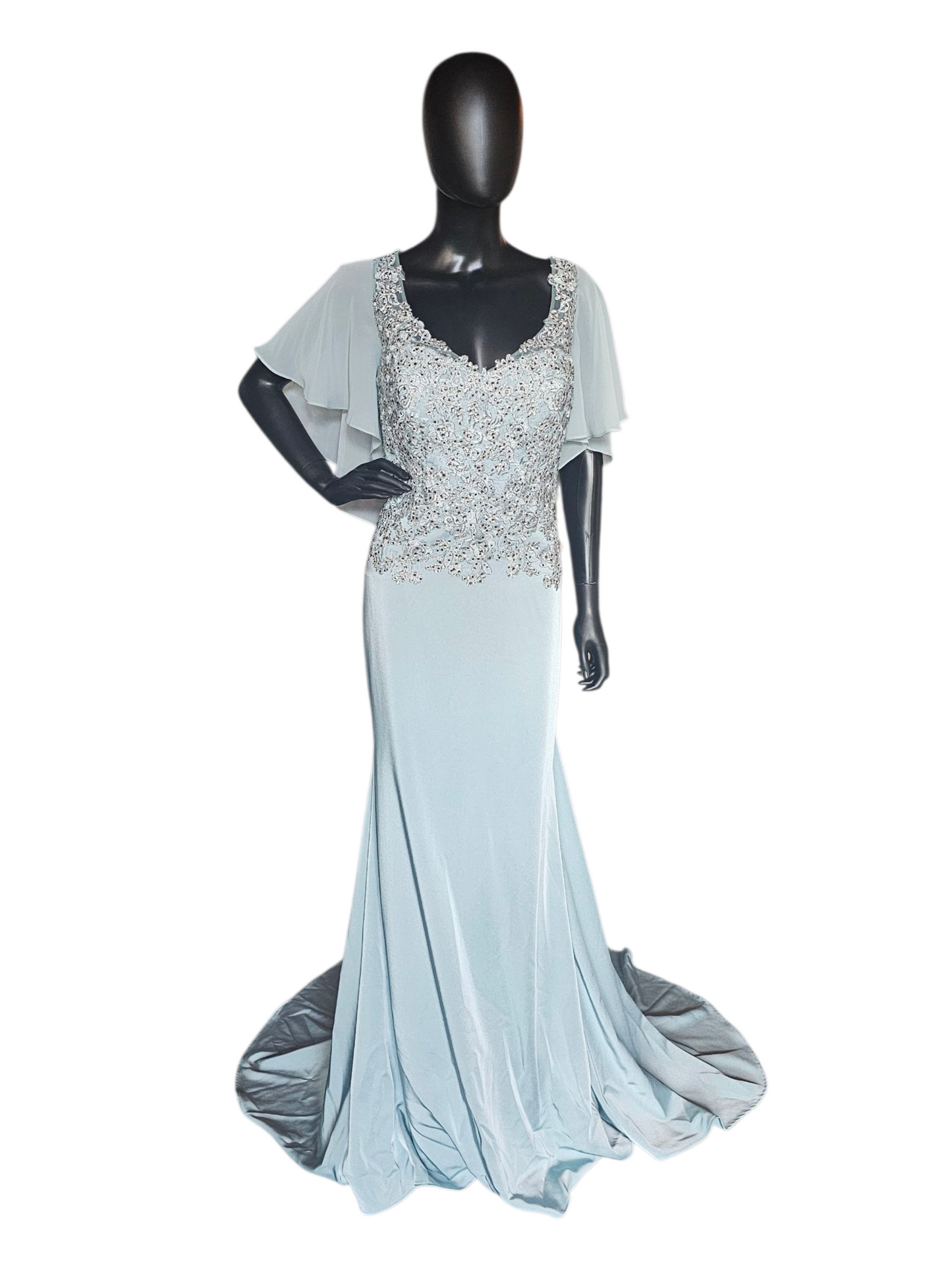 Deep Aqua/Silver Embroidered Chiffon Flutter Sleeve Formal Dress - Madeline Gardner