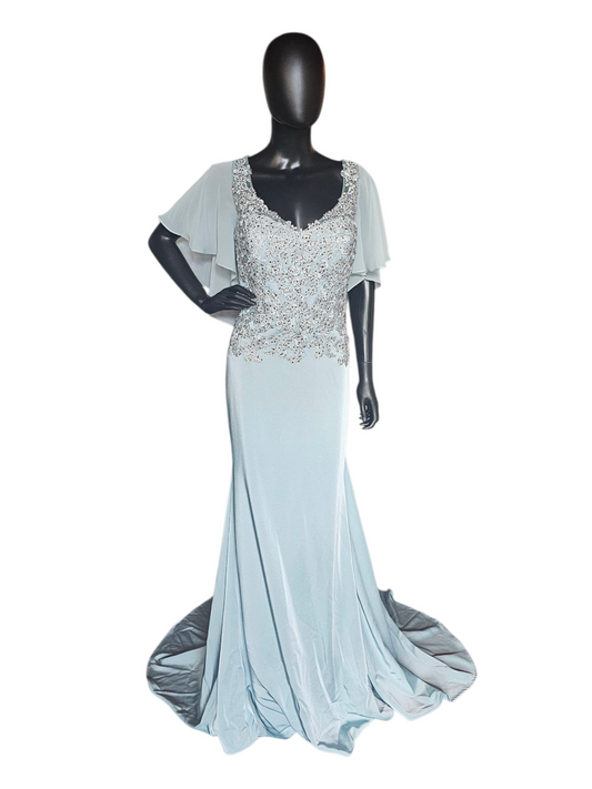 Deep Aqua/Silver Embroidered Chiffon Flutter Sleeve Formal Dress - Madeline Gardner