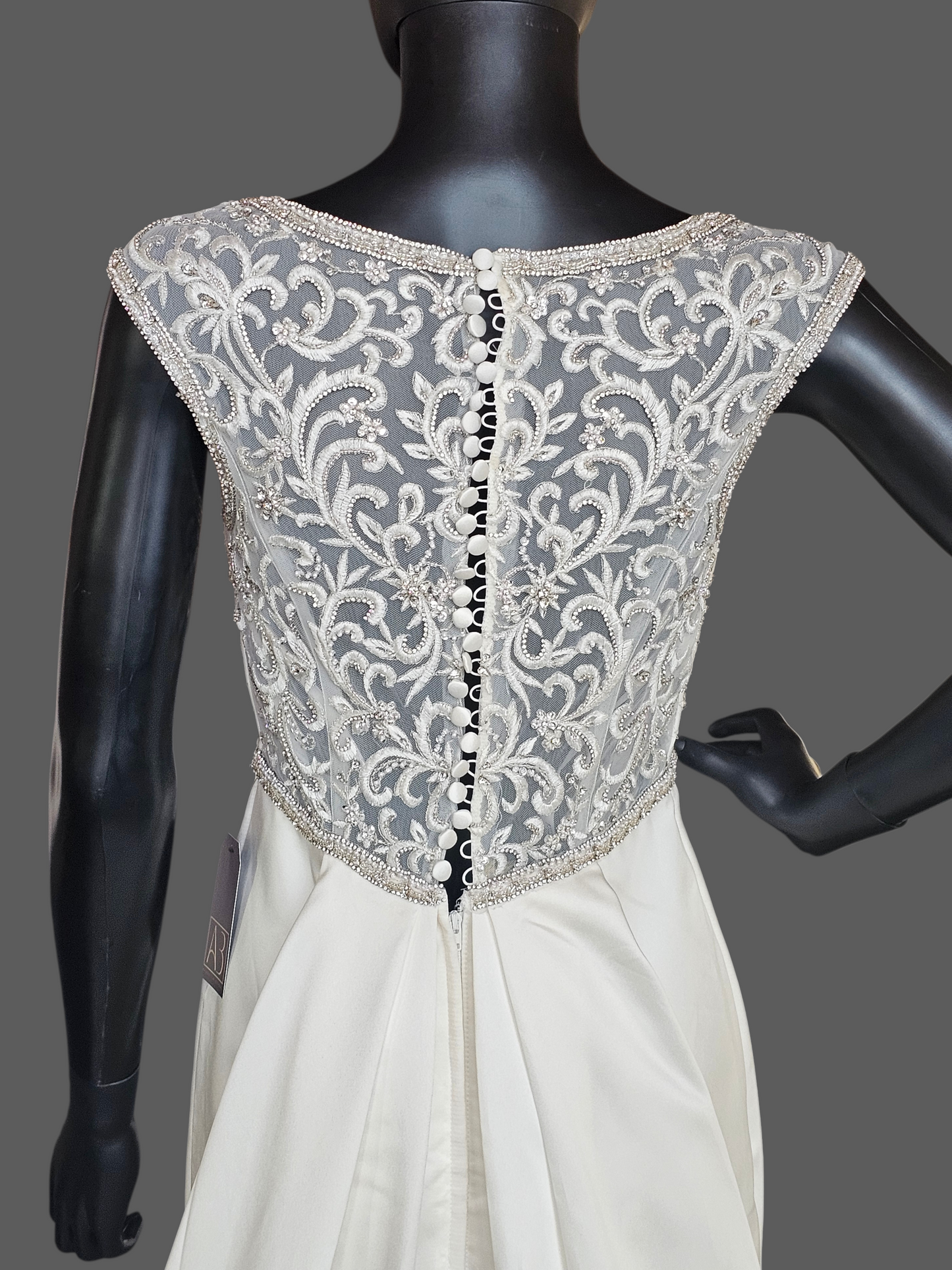 Ivory Satin Empire V-Neck Cap Sleeve Fit/Flare Wedding Gown - Da Vinci