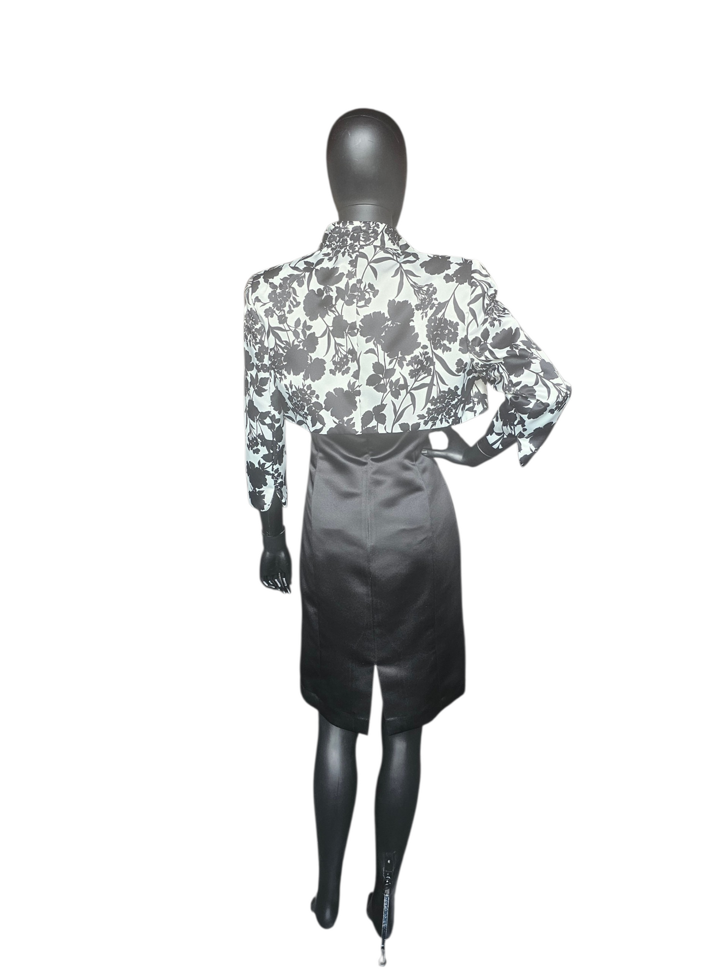 Black/White Floral Satin Cocktail Dress & Cropped Jacket - Tahari
