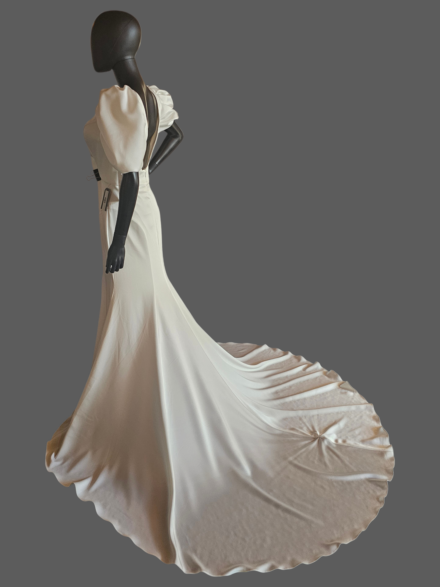 Ivory Silky Satin Fitted Square Neck Puff Sleeve Minimalist Wedding Gown - Casablanca