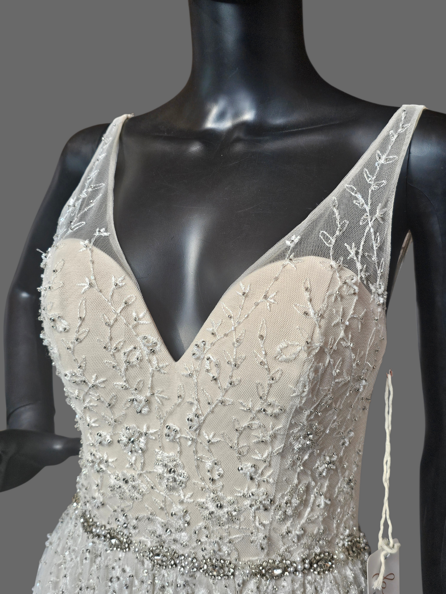 Ivory/Champagne Soft Netting Plunge V-Neck Open Back Wedding Gown - Martin Thornburg