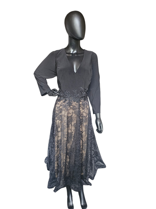 Black Fit/Flare V-Neck 3/4 Sleeve Cocktail Lace Design Rhinestone Belt - Mac Duggal