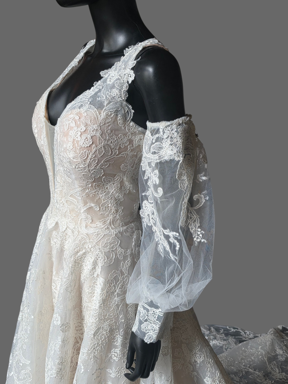 Ivory/Nude 3-Look Lace Plunge Sparkle A-Line Wedding Gown W/Detatch Sleeve - Martin Thornburg