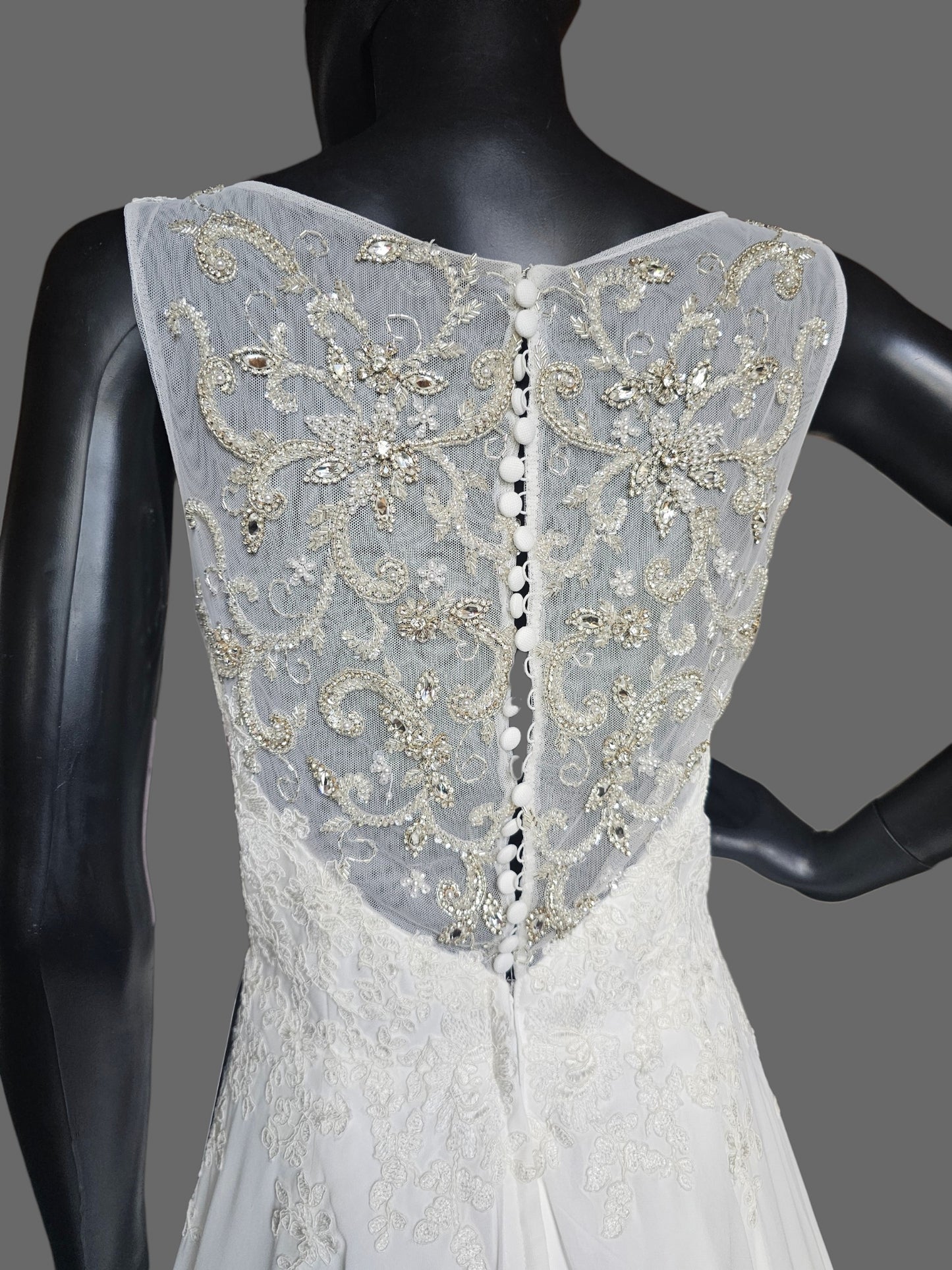 White Chiffon A-Line Lace V-Neck  Applica Illusion Back Wedding Gown - Davinci
