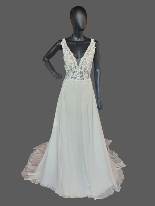 Ivory V-Neck Beaded Plunge Chiffon Skirt A-Line Wedding Gown - Beloved Private Label