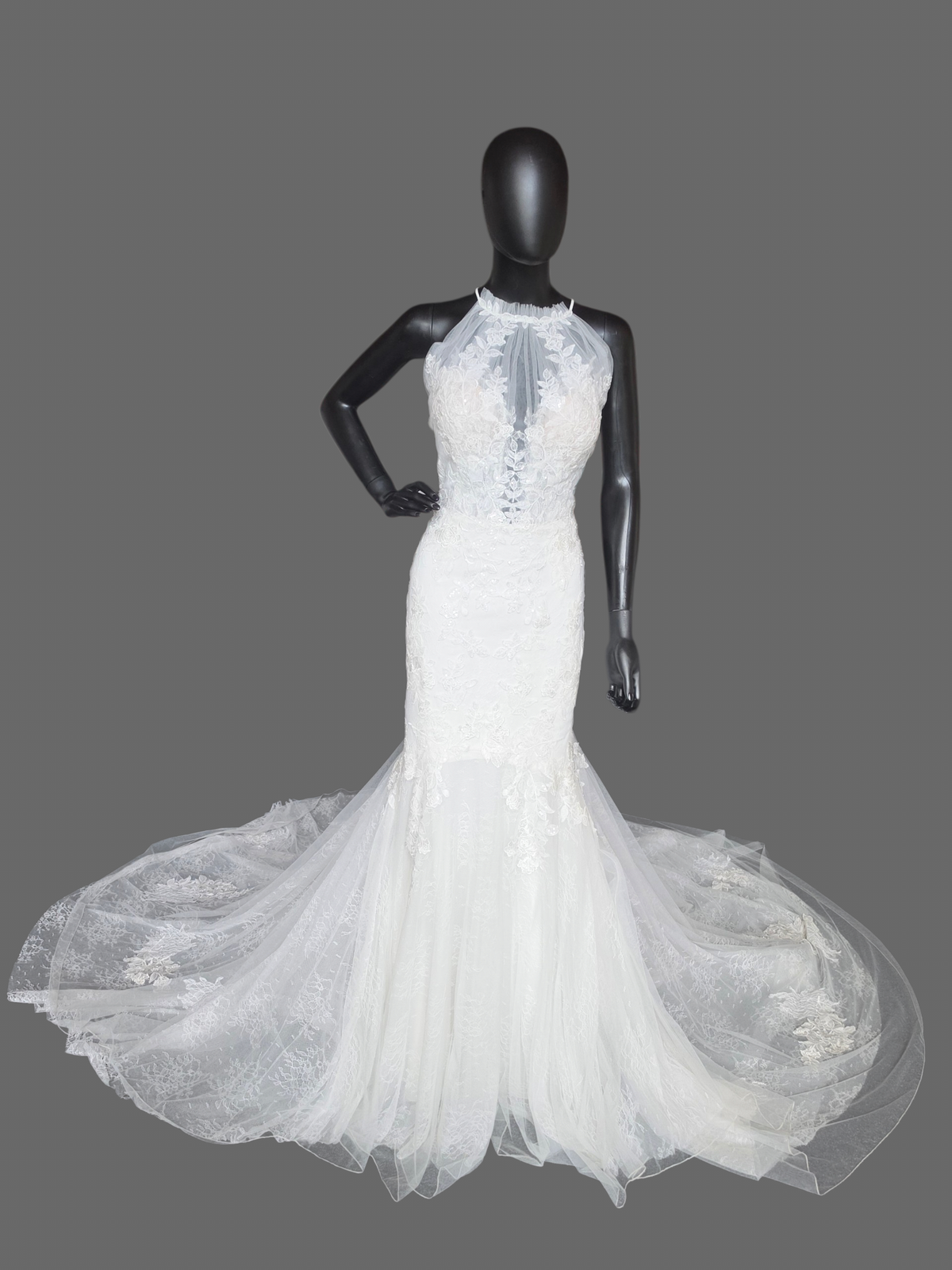 Lace Halter Fit/Flare Open Back Wedding Gown - Lillian West