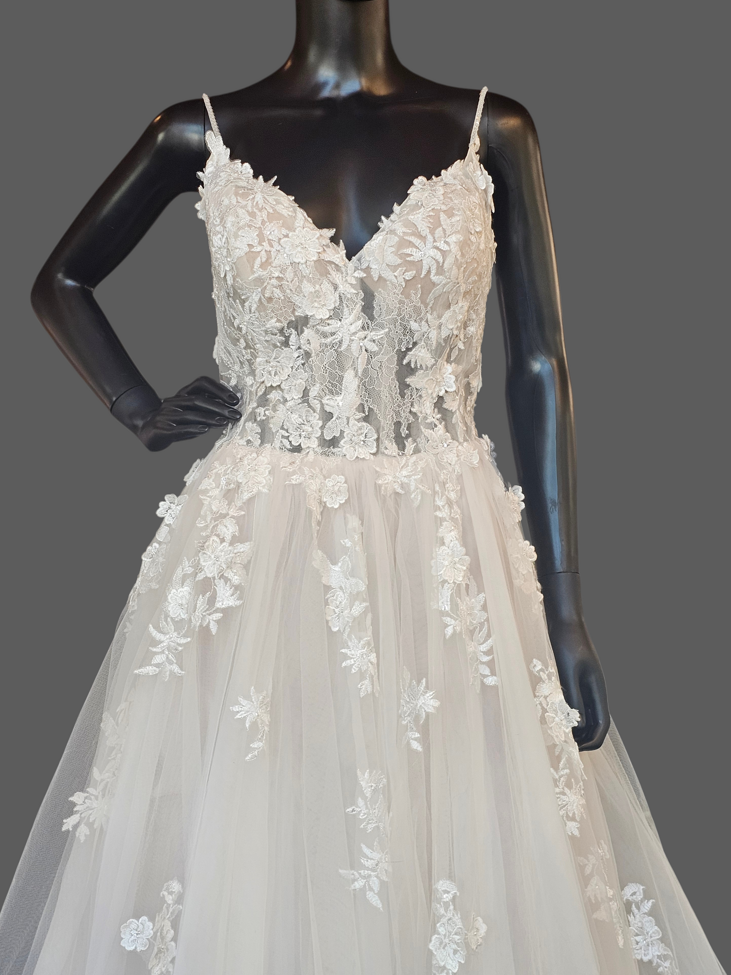 Ivory/Champagne 3D Floral Full Skirt Boho Lace Illusion Bodice Wedding Gown - Beloved